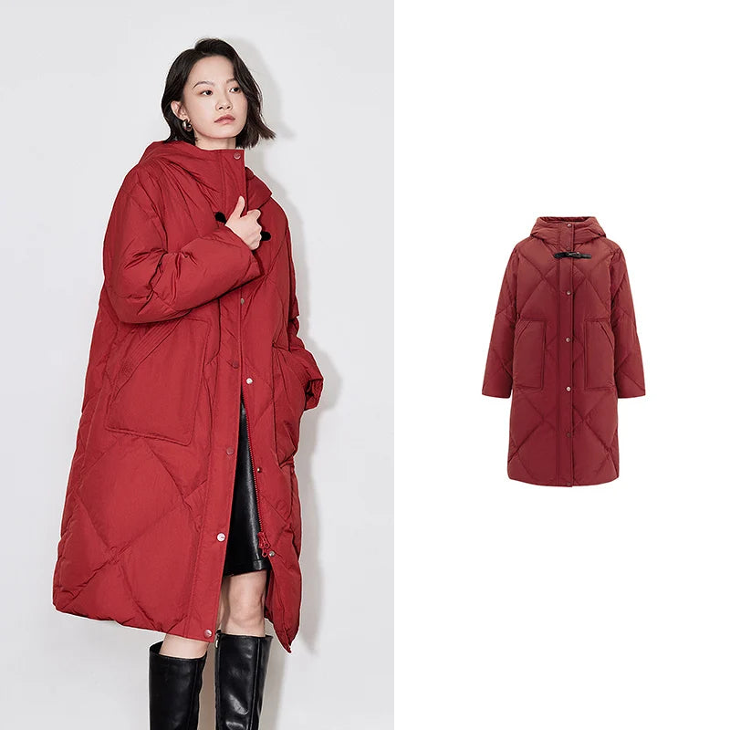 TOYOUTH Women 90% White Duck Down Jacket 2024 Winter Fox Collar Thick Hooded Coat Horn Button Warm Long Overcoat