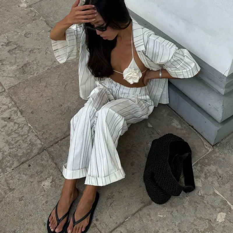 Elegant Women 2 Piece Pajama Set Striped Long Sleeve Button Down Shirt and Straight Leg Pants Loungewear