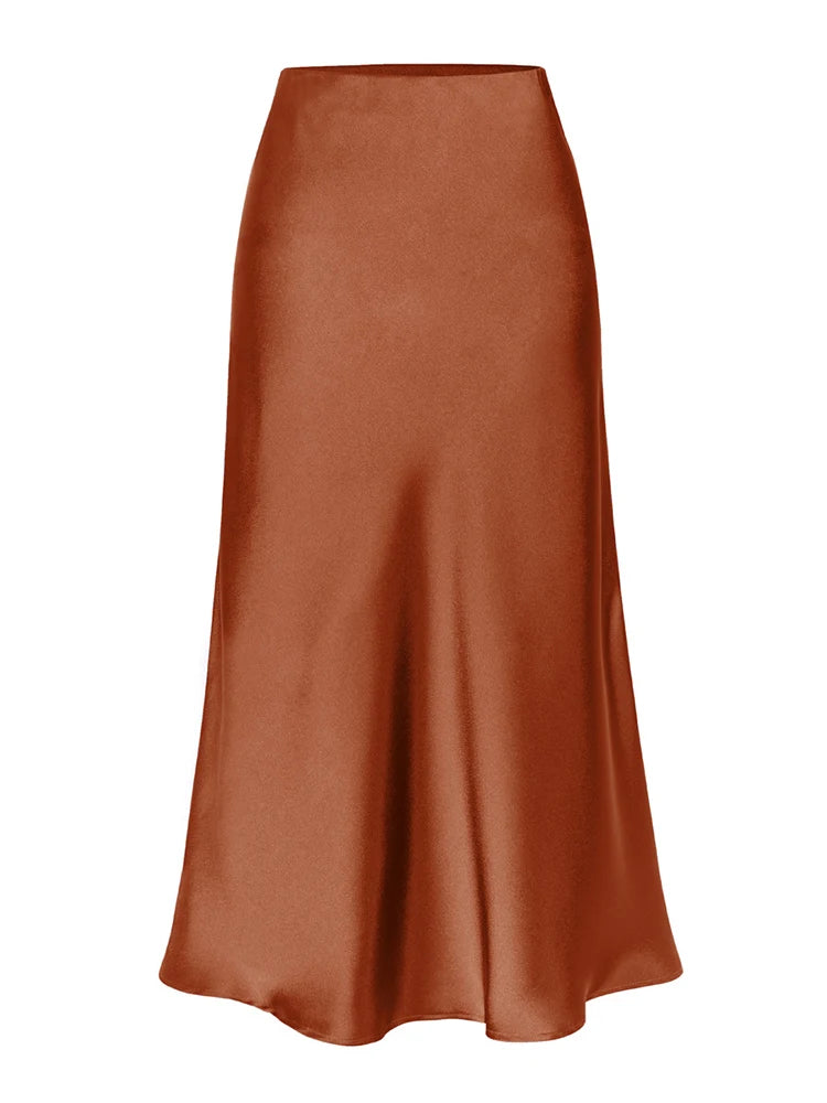 Green Satin Midi Skirts For Women Summer Elastic High Waist A Line Slit Skirt Midi Satin Silk Women Skirt With Slit Summer 2024