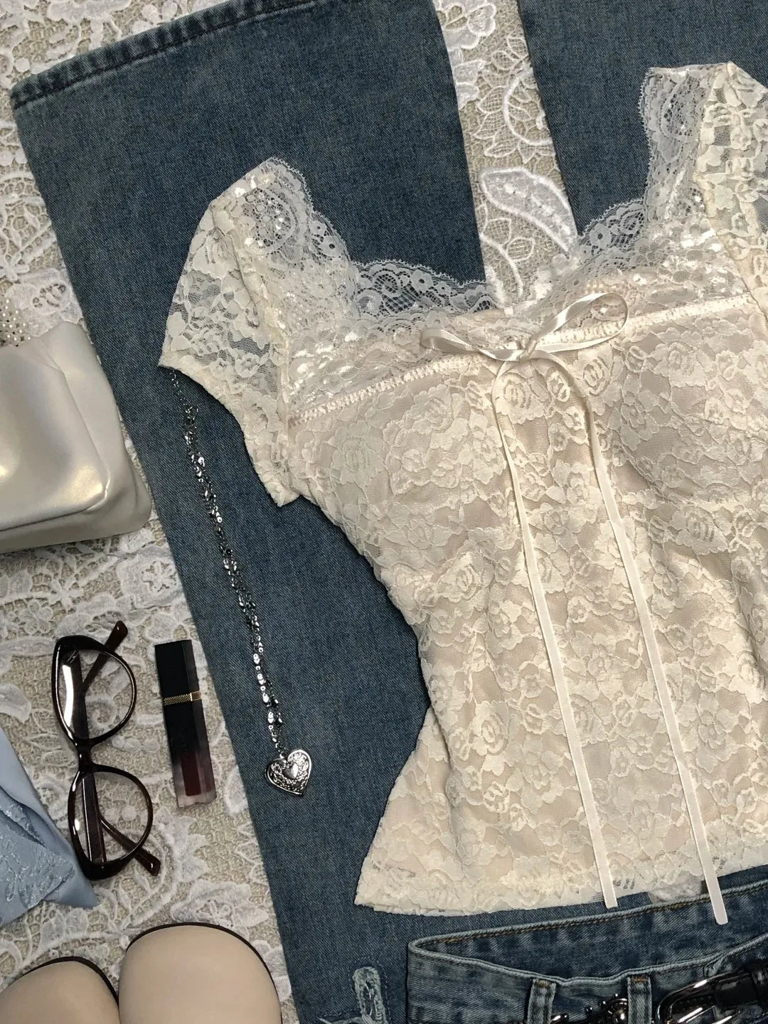 Lace Slim T-shirt Women Vintage Sweet Crop Top Fairy Harajuku Korea Y2k 2000s Hot Girl Short Sleeve Elegant Bow Sexy Summer Tees