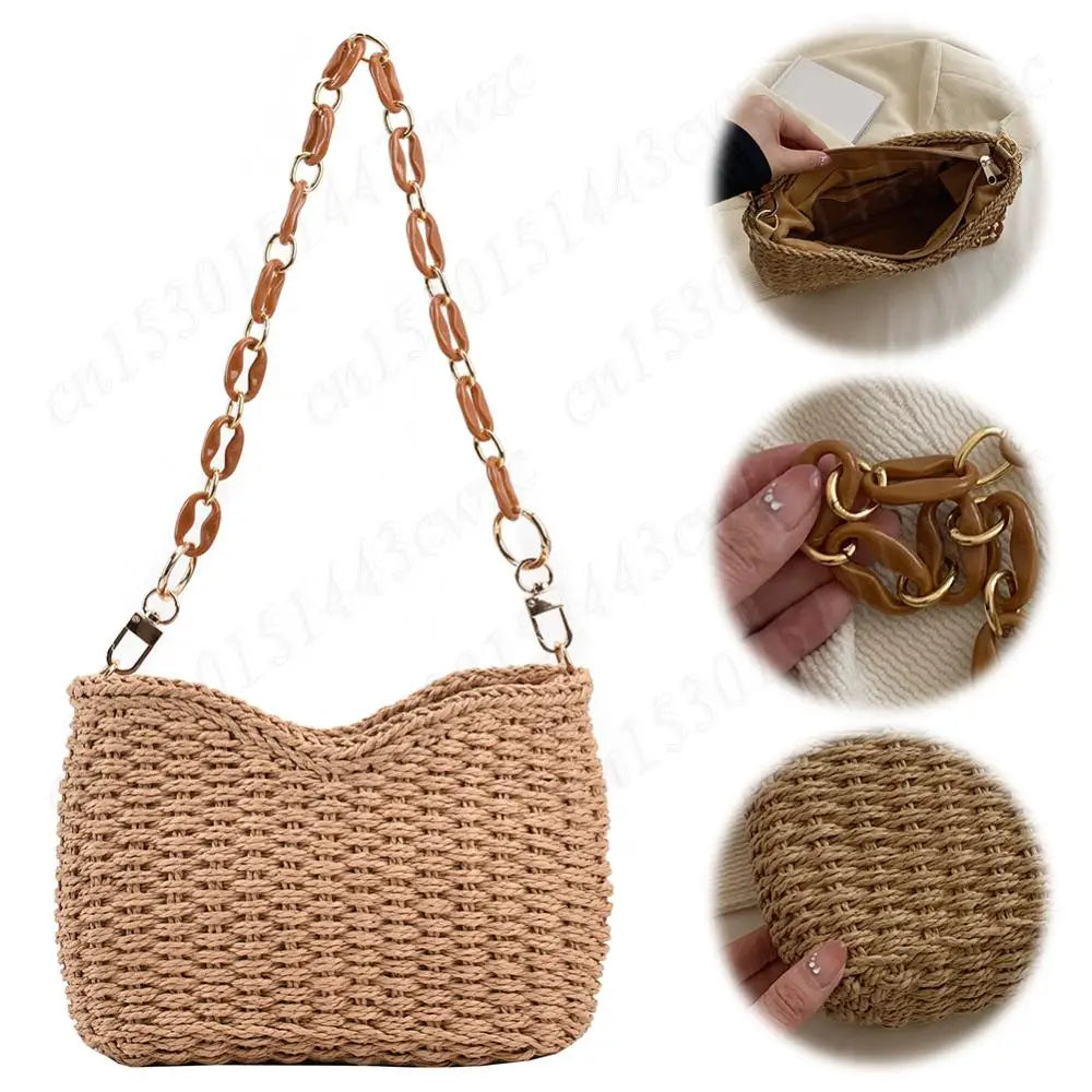 Straw Purse for Women with Chain Woven Shoulder Bag Zipper Underarm Bag Large Capacity Clutch Purse for Travel Vacation