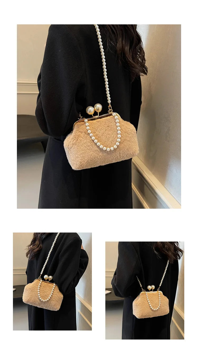 High-end Beaded Fashion Women's Bag Autumn Personality Trendy Evening Bag Plush Handbag Shoulder Crossbody Bag