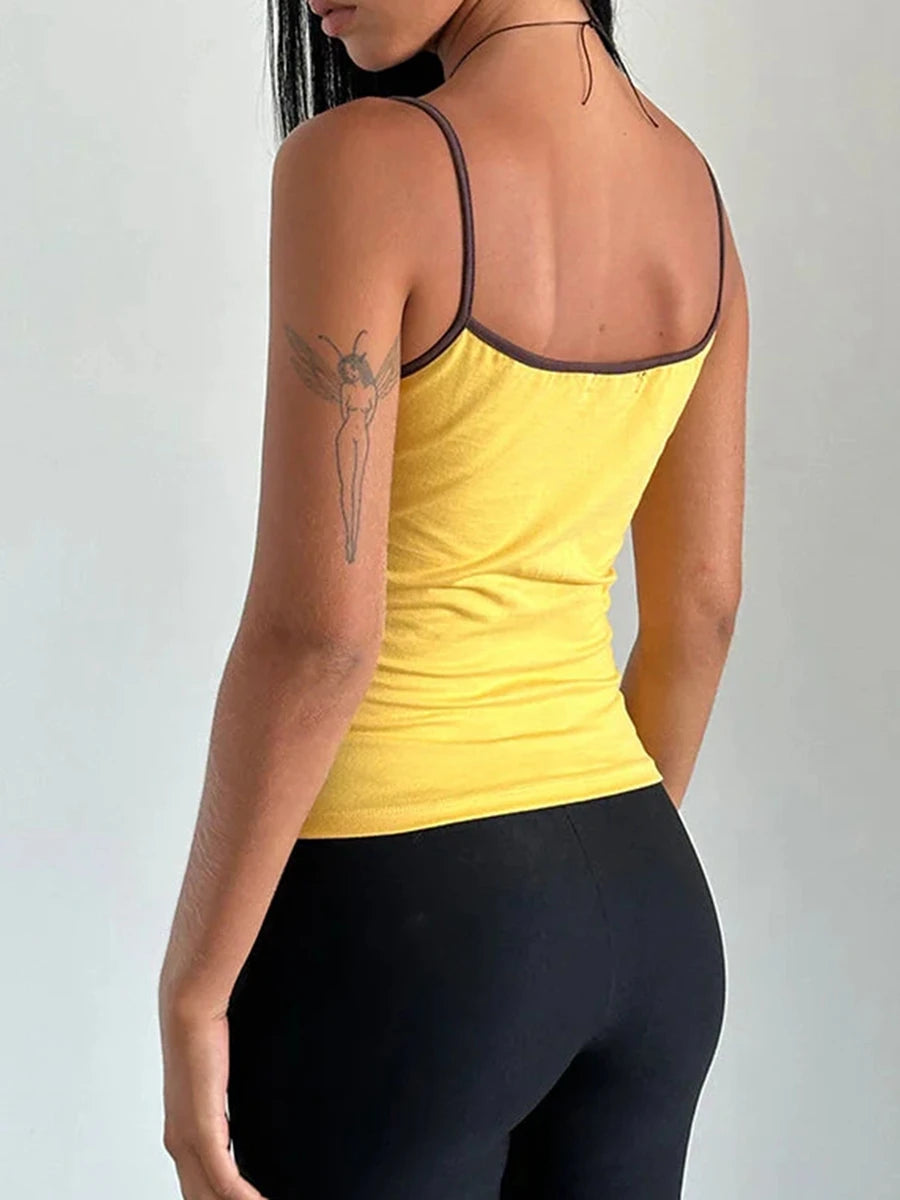 Women Spaghetti Strap Tank Top Scoop Neck Contrast Trim Crop Cami Top Y2K Aesthetic Sleeveless Fitted Basic Tops Streetwear