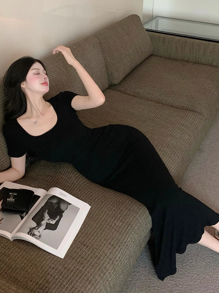 Long Dresses Women Solid Simple Elegant Partywear Gentle Trumpet Vestidos Slim French Vintage Night Club Temper Womens Daily