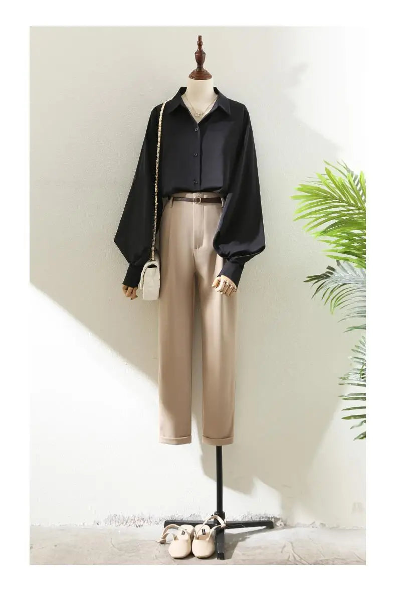 Blouses Tops Women White Black Long Lantern Sleeve Office Lady Temperament Autumn Winter Basic All-match Design Chic Female New