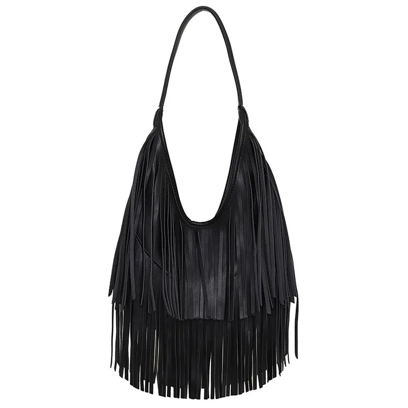 Tassel Large Capacity Brand Tote Bag Black Leather High Quality Luxury Fashion Women Shoulder Bag Soft Casual Hobos Armpit Bag