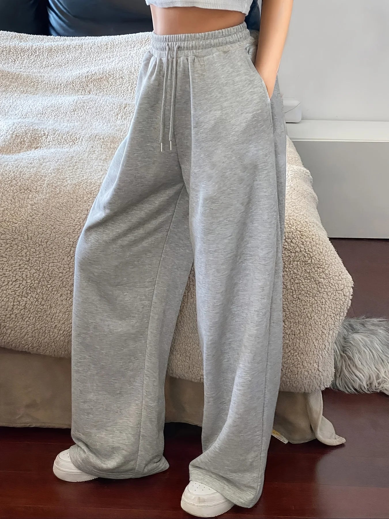 Women'S Casual Jogger Pants Light Grey Solid Color Drawstring Waist Pockets Loose Fit Straight-Leg Trousers for Gym