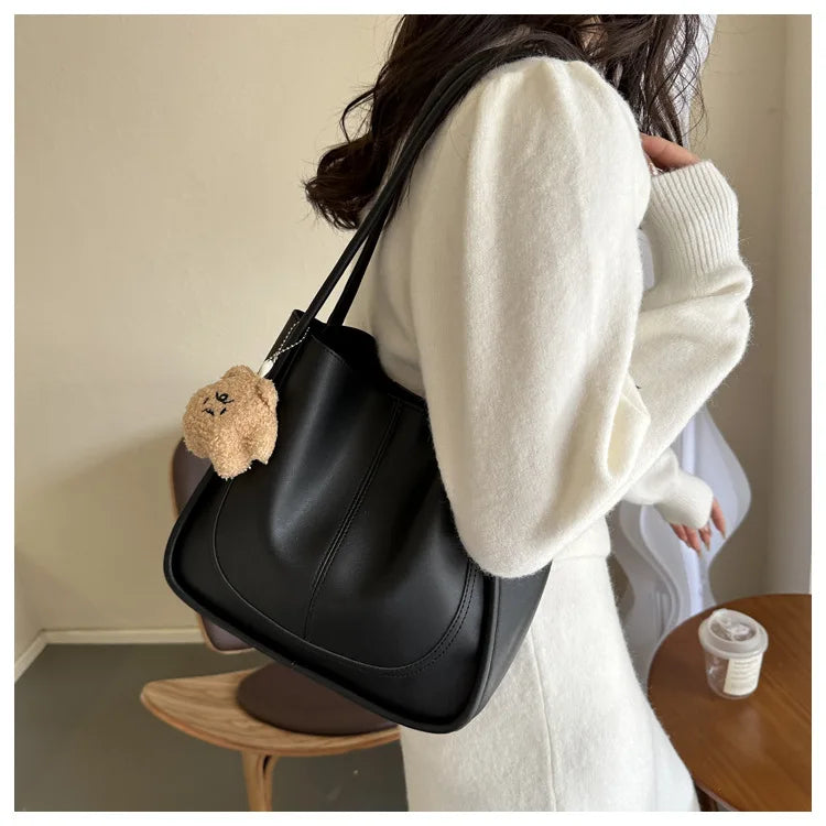 Women's Retro Tote - High-Quality Solid Color, Minimalist Large-Capacity Commuter Handheld/Single-Shoulder
