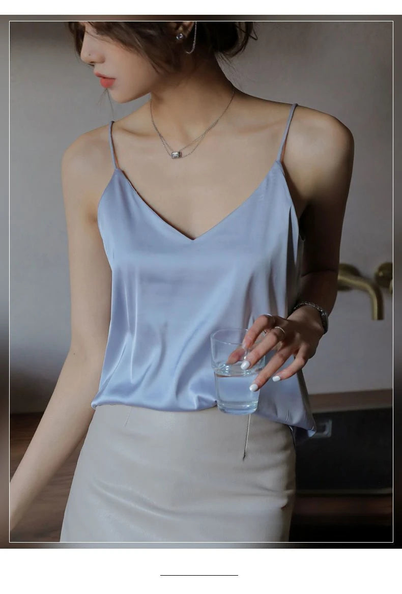 Spaghetti Strap Top Women Halter V Neck Basic White Cami Sleeveless Satin Silk 2025 Tank Tops Women'S Summer Camisole