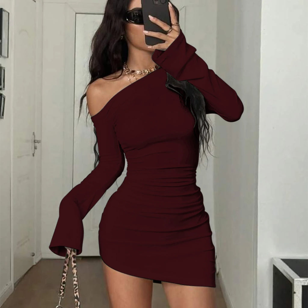 Inclined-Sleeve Ruched Mini Dress