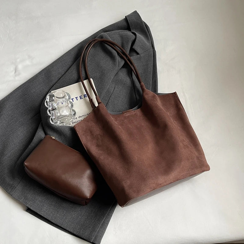 2pcs/set  Women Tote Bags Work Bags Suede Slouchy Bag Hobo Handbag Tote Handbag Suede Shoulder Bag Solid Color Commuting Bag