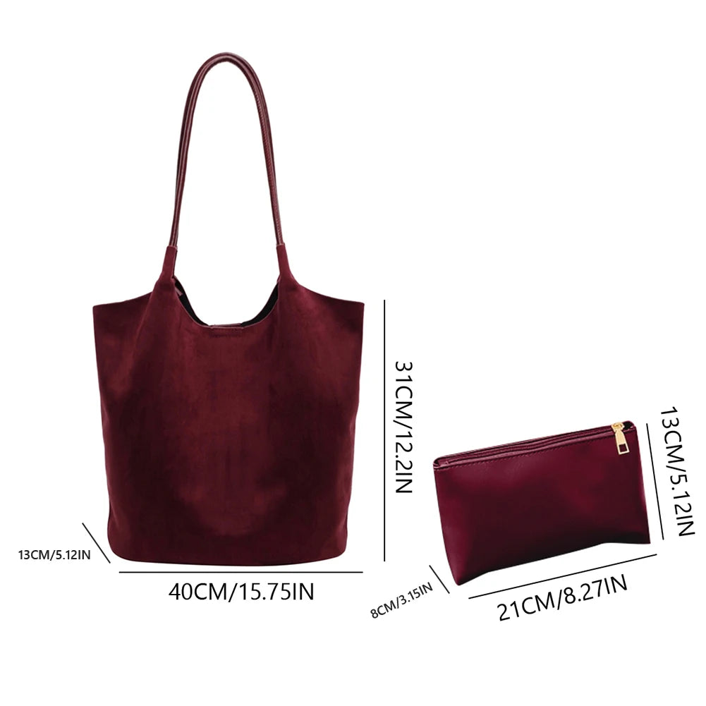 2pcs/set  Women Tote Bags Work Bags Suede Slouchy Bag Hobo Handbag Tote Handbag Suede Shoulder Bag Solid Color Commuting Bag