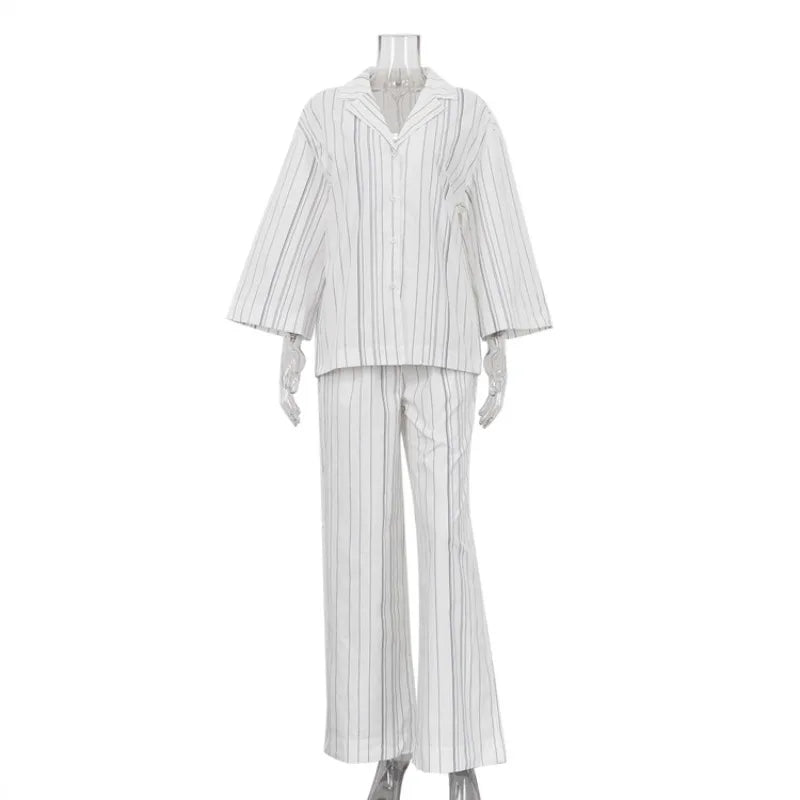 Elegant Women 2 Piece Pajama Set Striped Long Sleeve Button Down Shirt and Straight Leg Pants Loungewear