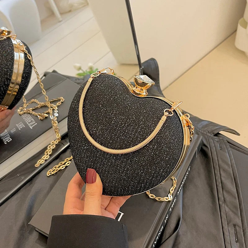Evening Clutch Bag Women Bag Shiny Handbag Heart Shape Metal Clutches Bag Fashion Chain Shoulder Crossbody Bag Luxury Lady Purse
