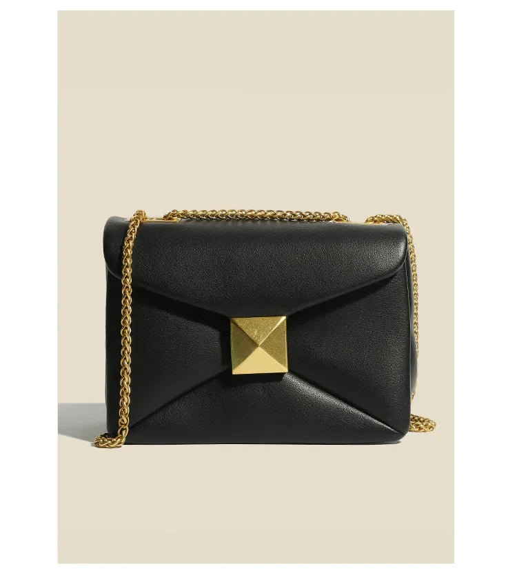 Early Spring Korean Style Cropped Studded Niche Chain Bag 2024 New Trendy Versatile Handbag Genuine Leather Small Square Bag