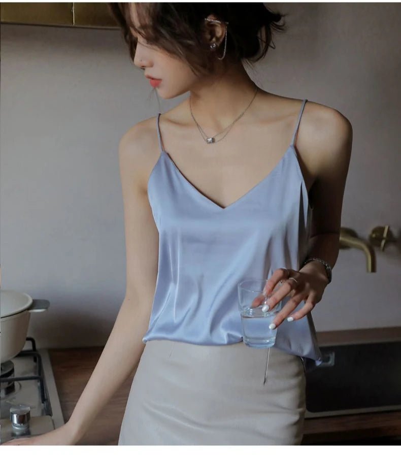 Spaghetti Strap Top Women Halter V Neck Basic White Cami Sleeveless Satin Silk 2025 Tank Tops Women'S Summer Camisole