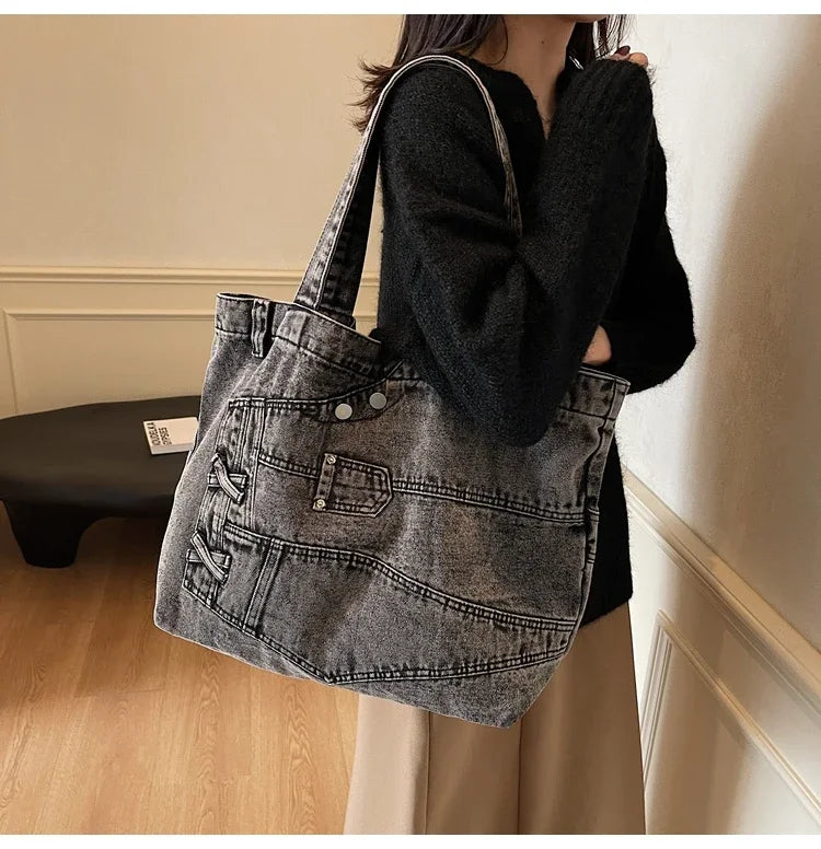 2025 Spring New Hot Sale Denim Tote Bags Solid Large Capacity Personality Retro Durable Commute Style Shoulder Bags for Women