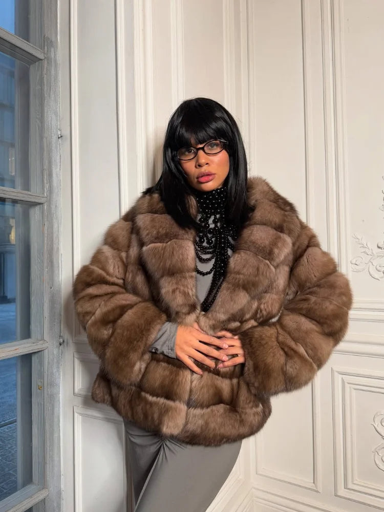 Solid Patchwork Faux Fur Coat Women Full Sleeve Lapel Loose Long Staple Plush Jacket Lady 2025 New Winter Fashion Street Outwear