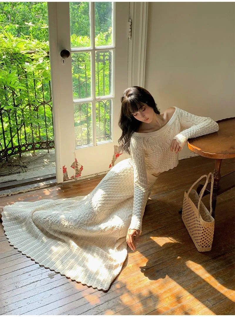 Women's Knitted Sweater Skirt Two-Piece Suit New Sexy Hollow Off-Neck Long Sleeve Sweater Skirt Suit
