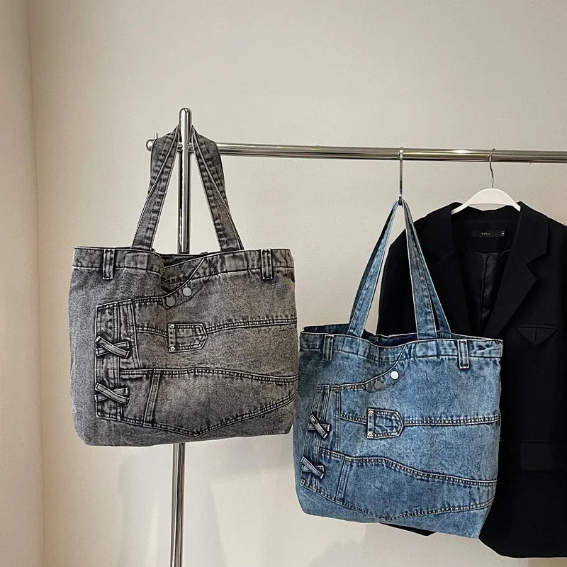 2025 Spring New Hot Sale Denim Tote Bags Solid Large Capacity Personality Retro Durable Commute Style Shoulder Bags for Women