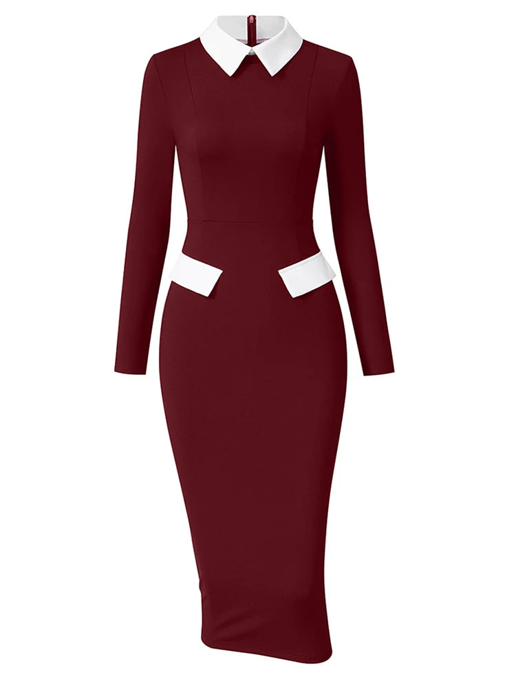 Elegant Fashion Women's Pencil Dress Polo Collar Design Professional Long Sleeved Solid Color Office Lady Dress
