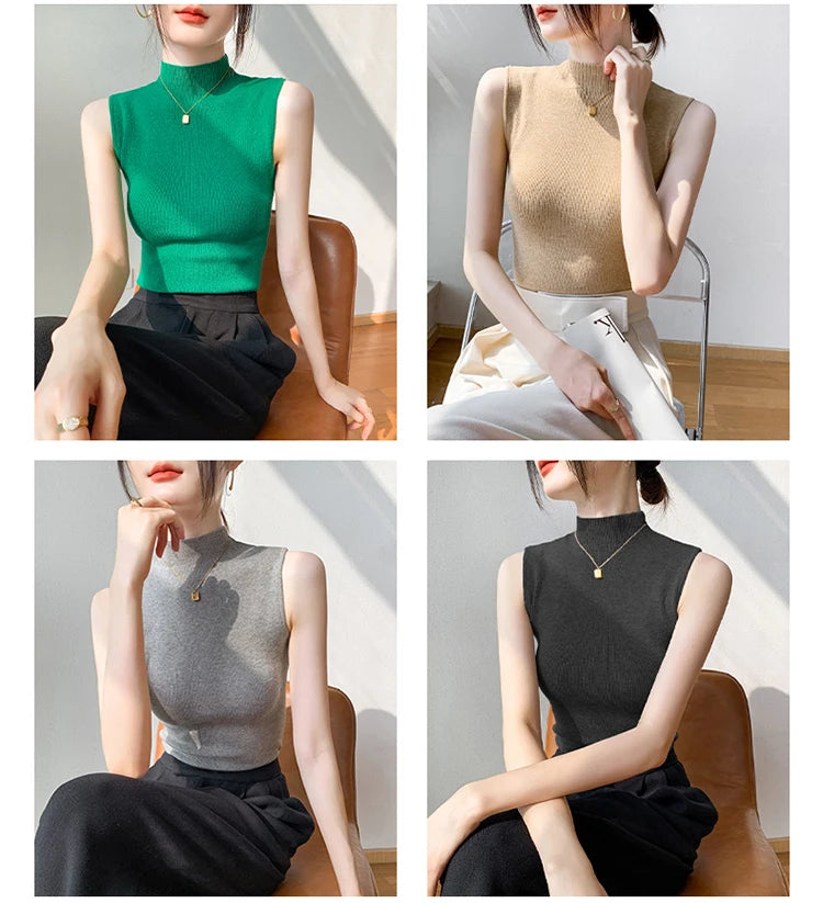 Sexy Summer Turtleneck Tank Tops Women Ribbed Sleeveless Solid Slim Top Female Sleveless Camisole Vest Casual Knitted Camis 2025