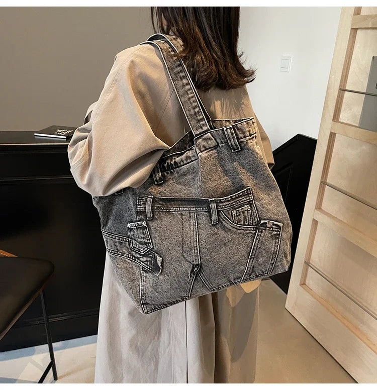 2025 Spring New Hot Sale Denim Tote Bags Solid Large Capacity Personality Retro Durable Commute Style Shoulder Bags for Women