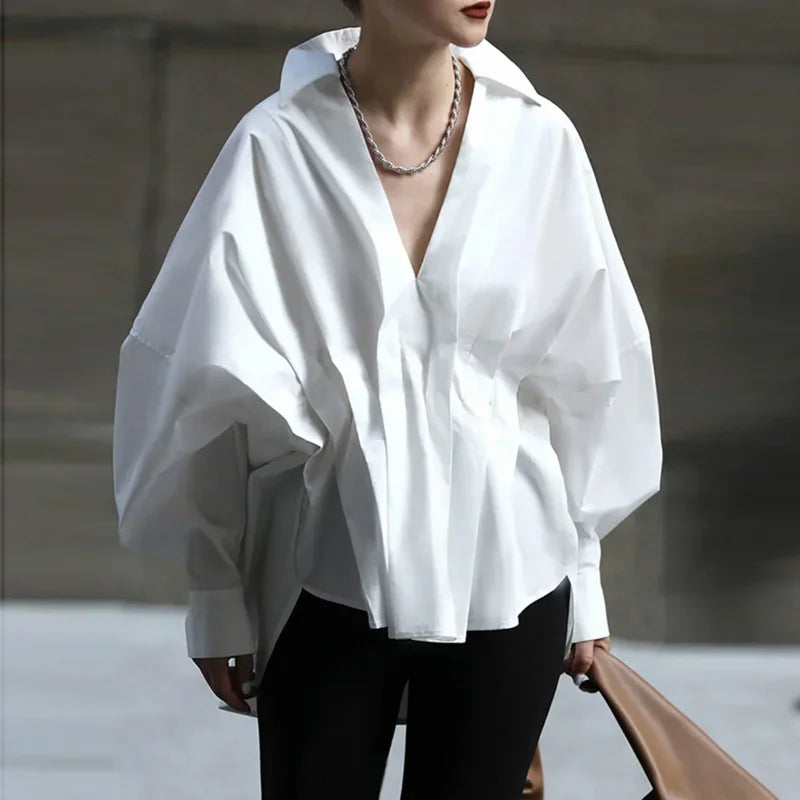 UOOZEE White Blouse For Women 2025 New Spring Fashion V-neck Solid Color Long Sleeves Loose Pleated Casual Shirts Tops