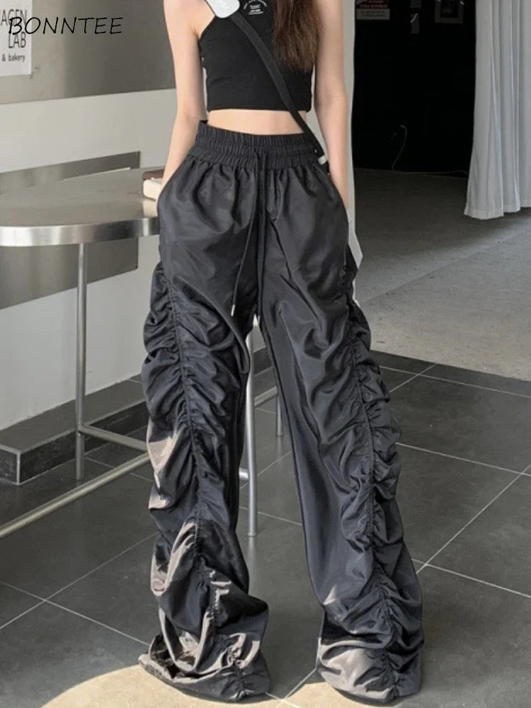 High Waisted Pants Women Black Joggers Casual Shirring Design Vintage European Style Personality Hip-hop Cool Girls Pantalones