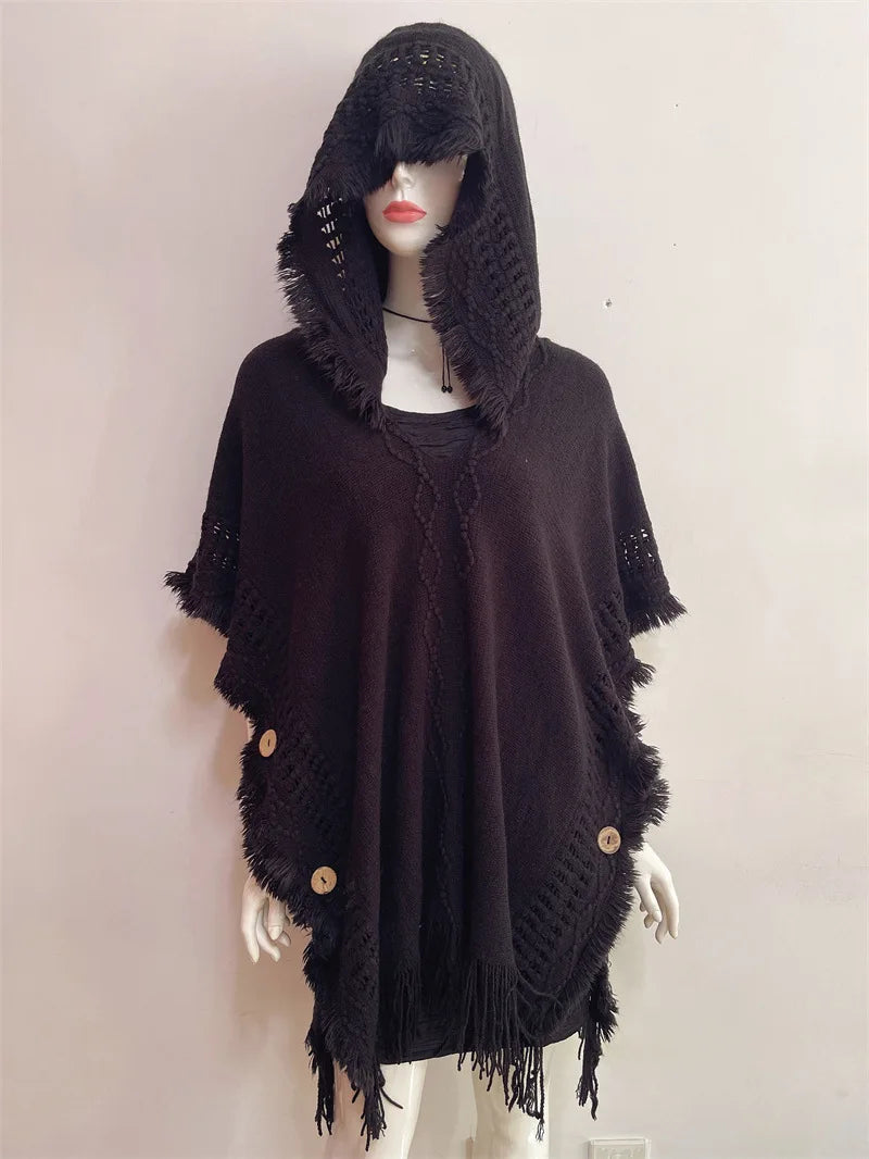 Hooded Crochet Cloak Poncho Shawl - Boho Chic Fringed Knit Wrap for Women, Spring-Autumn Versatile Outerwear