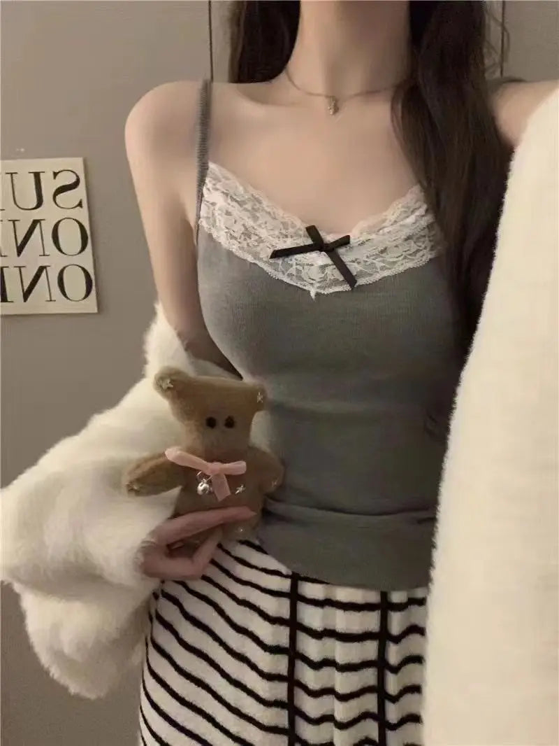 Women Camisole Tank Tops Sexy Bow Sleeveless Corset Top with Chest Pad Sweet Lace Patchwork Crop Tops Summer Slim Elegant Camis