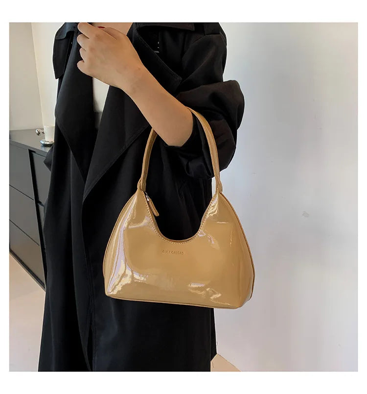 Trendy Designer Solid Shoulder Bags for Women Handbags and Purses 2024 New Fashion Patent Leather Underarm Ladies Tote Bags