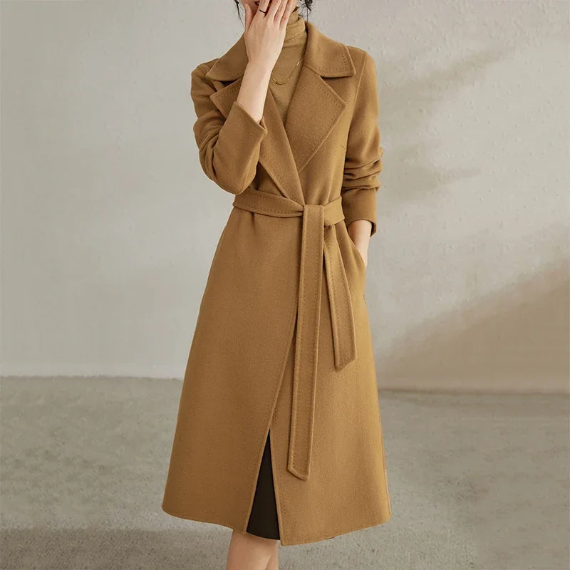 SENTUBILA Women 100% Wool Long Wrap Coat 2025 Elegant Notched Collar Belted Warm Double Faced Woolen Winter Overcoat W24O43352