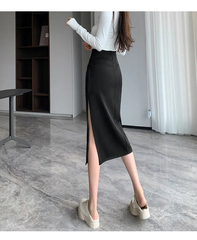Slit Pleated Skirt for Women 2025 Summer New High-waist Slim Mid-length Versatile A-line Skirt