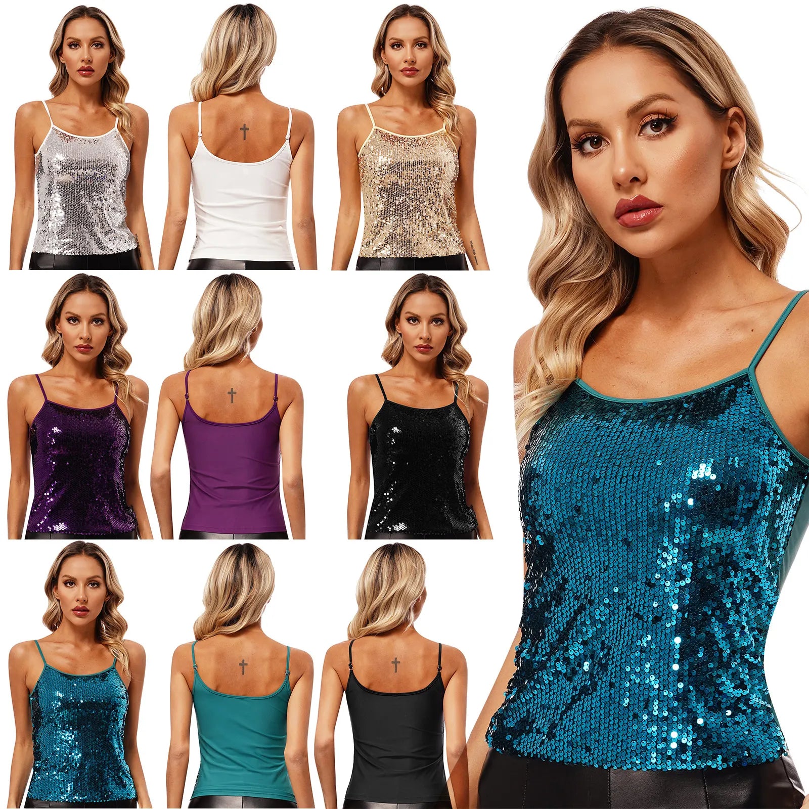 Womens Adjustable Spaghetti Straps Sparkly Sequin Tops Slim Fit Patchwork Tank Top for Pole Dancing Disco Night Out Costume