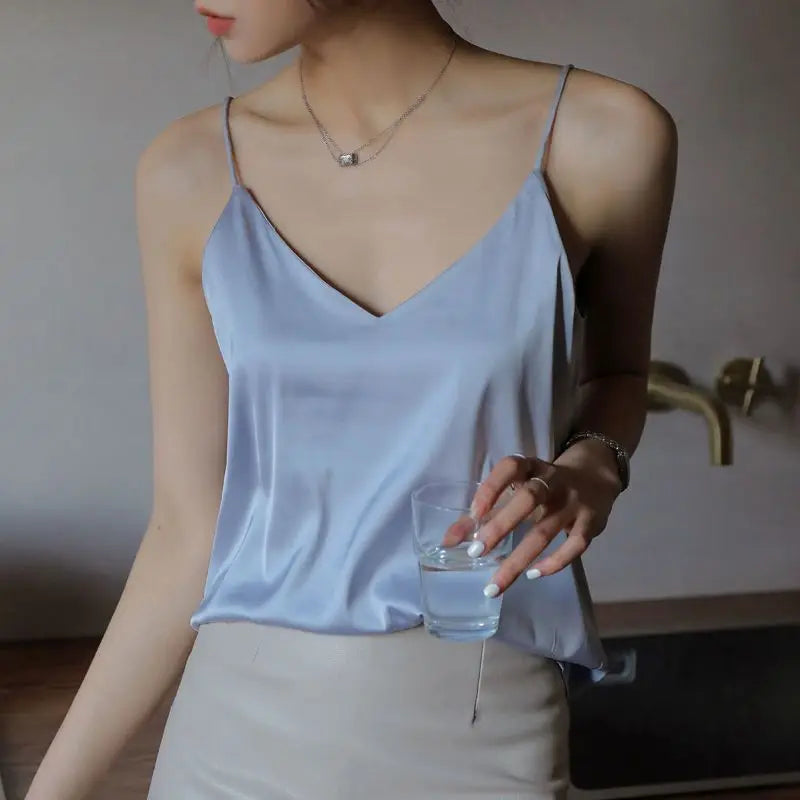 Spaghetti Strap Top Women Halter V Neck Basic White Cami Sleeveless Satin Silk 2025 Tank Tops Women'S Summer Camisole