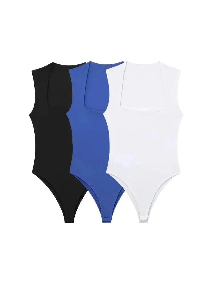 Skinny Bodysuits for Women, Sexy Fashion, Square Neck, Sleeveless, Snap-Button, Female Playsuits, Mujer