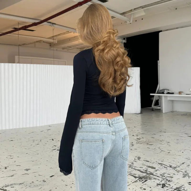 FDYOUI Lace Patchwork Long Sleeve T-shirts Streetwear Y2K Woman Clothes Casual Fashion Square Collar Slim Pink Tee Shirt Tops