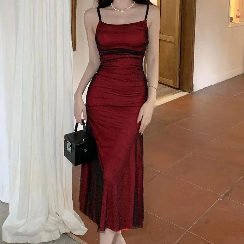 Glamour temperament slip dress slim fit red evening dress midi mermaid dress women's clothing Spagatiti Strops dress