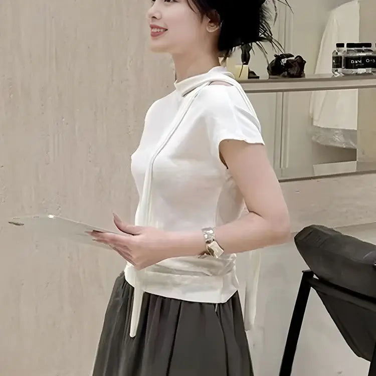 Off-shoulder White Short-sleeved T-shirt for Women 2025 New Summer Versatile Casual Top