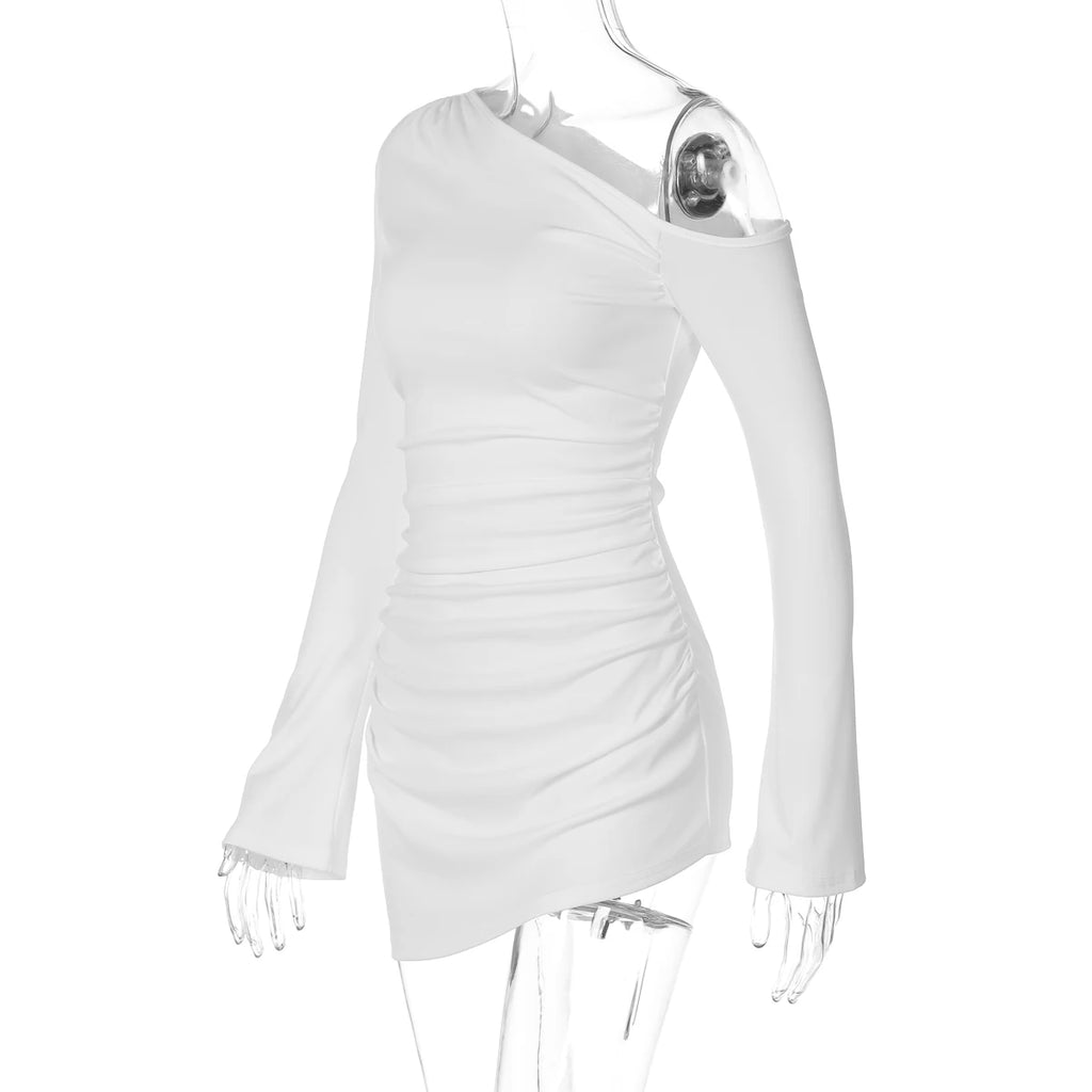Inclined-Sleeve Ruched Mini Dress