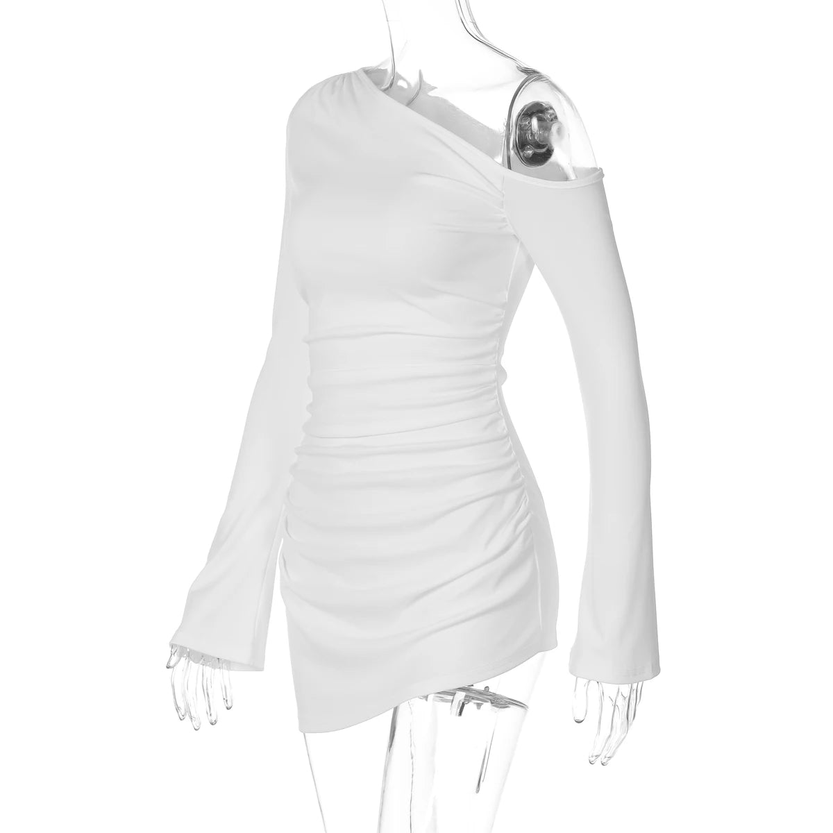 Inclined-Sleeve Ruched Mini Dress