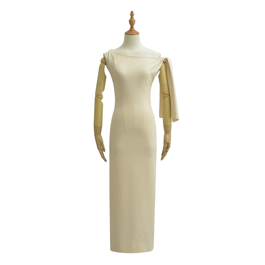 Women BODYCON  Sleeveless ONE-SHOULDER TIE RAW-CUT EDGES Sueded Stretch Knotted Maxi Dress