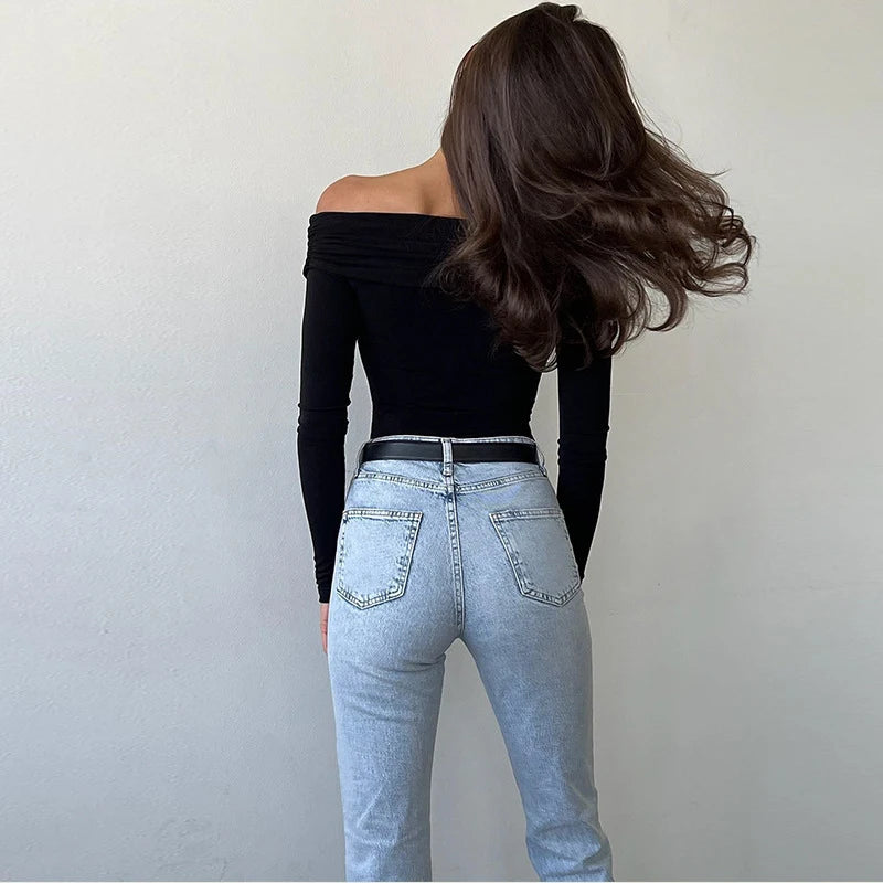 Women's Bodysuits Fashion Crossed Autumn New Corset Folds Solid Sexy Slim Rompers Long Sleeve Casual Streetwear Female Bodysuits