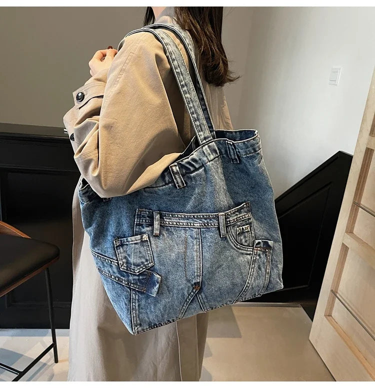 2025 Spring New Hot Sale Denim Tote Bags Solid Large Capacity Personality Retro Durable Commute Style Shoulder Bags for Women