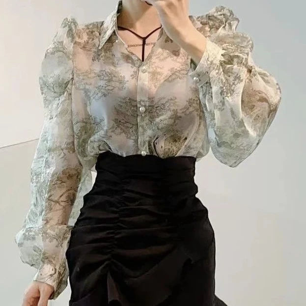 2023 Blusas Mujer De Moda Floral Sweet Blouses for Women Loose Puff Sleeve Turn Down Collar Shirts Summer Vintage Elegant Tops