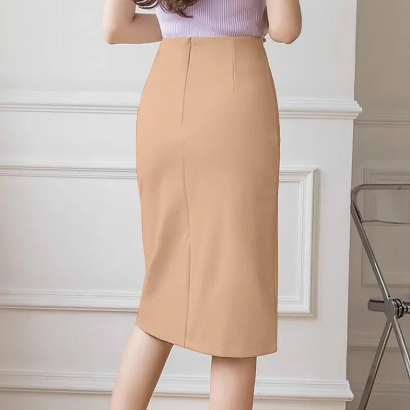Fashion Work Slim Skirt Woman Vintage Zipper Pencil Midi Skirts Elegant OL Button Overskirts Female Autumn Solid Dresses