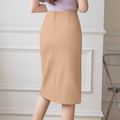 Fashion Work Slim Skirt Woman Vintage Zipper Pencil Midi Skirts Elegant OL Button Overskirts Female Autumn Solid Dresses