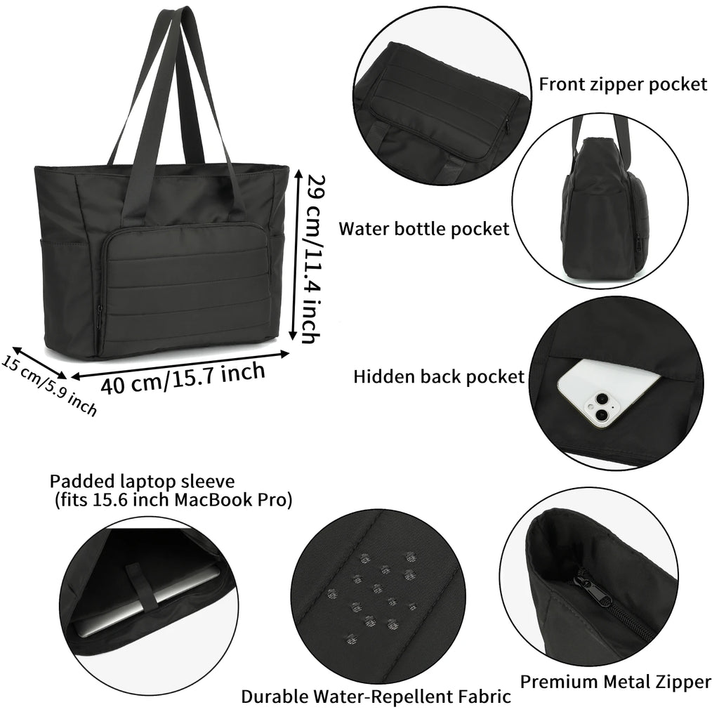 Women's 15.6 Inch Laptop Tote Bag in Classic Nylon, Large Capacity with Front Pocket, Casual Business Travel Bag