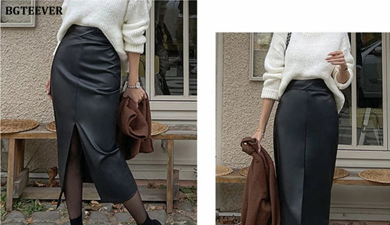 BGTEEVER Stylish Skinny PU Leather Skirts for Women Autumn Winter Elegant Slim Split Package Hip Pu Skirts Female